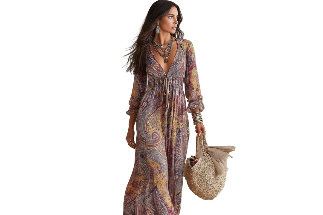 Vestido vintage con estampado de cachemira, escote en V y cinturón de lazo