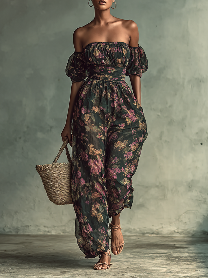 Mono corto de cintura con estampado floral de gasa para mujer, estilo bandeau y manga corta