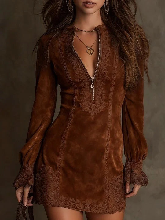 Lunori™ | Vestido Mini de Gamuza Aurora con Encaje