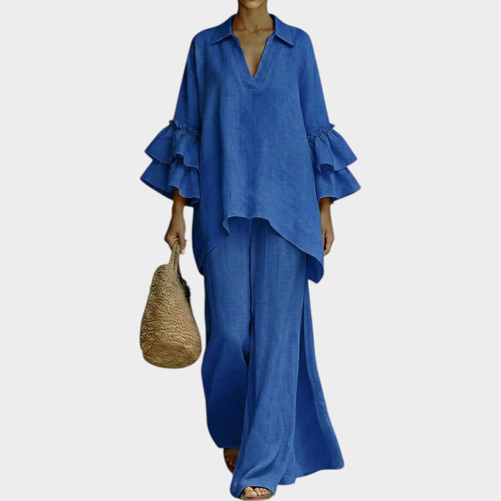 Two Piece Set for Women - Ruffled Sleeve Top and Wide Leg Pants