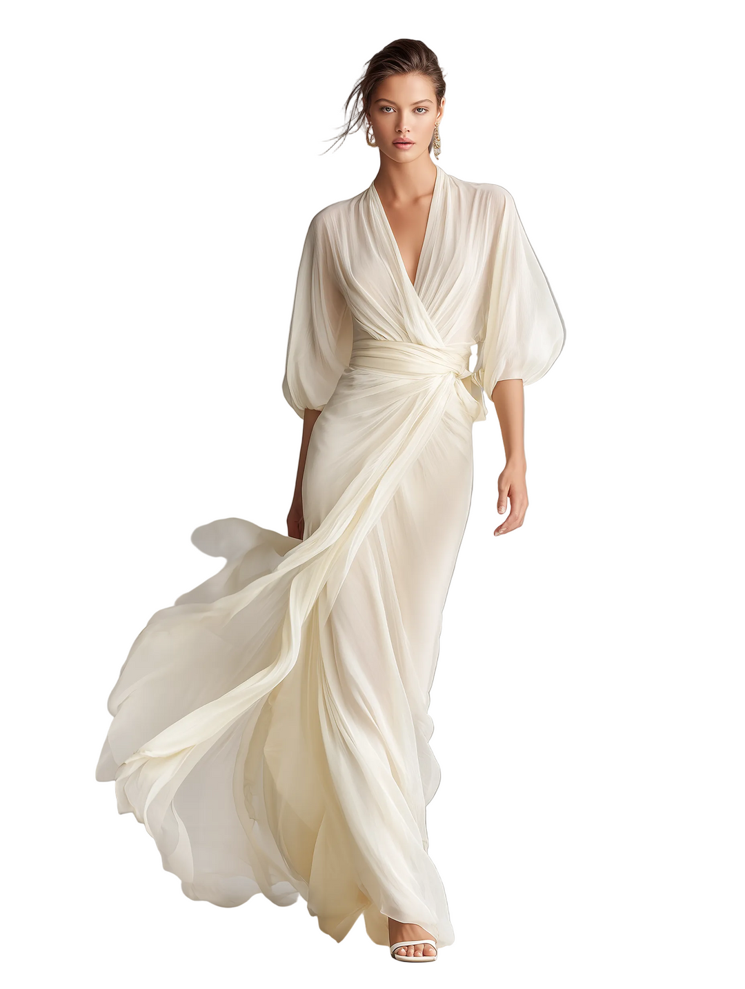 Abito da donna in chiffon avorio trasparente con maniche a sbuffo e dettaglio incrociato, stile romantico-lusso senza tempo