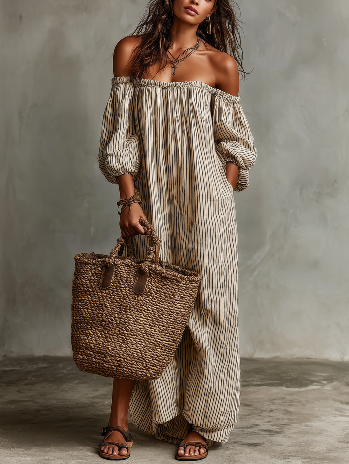 Off Shoulder Maxi Dress - Cotton Linen Summer Vacation Dress