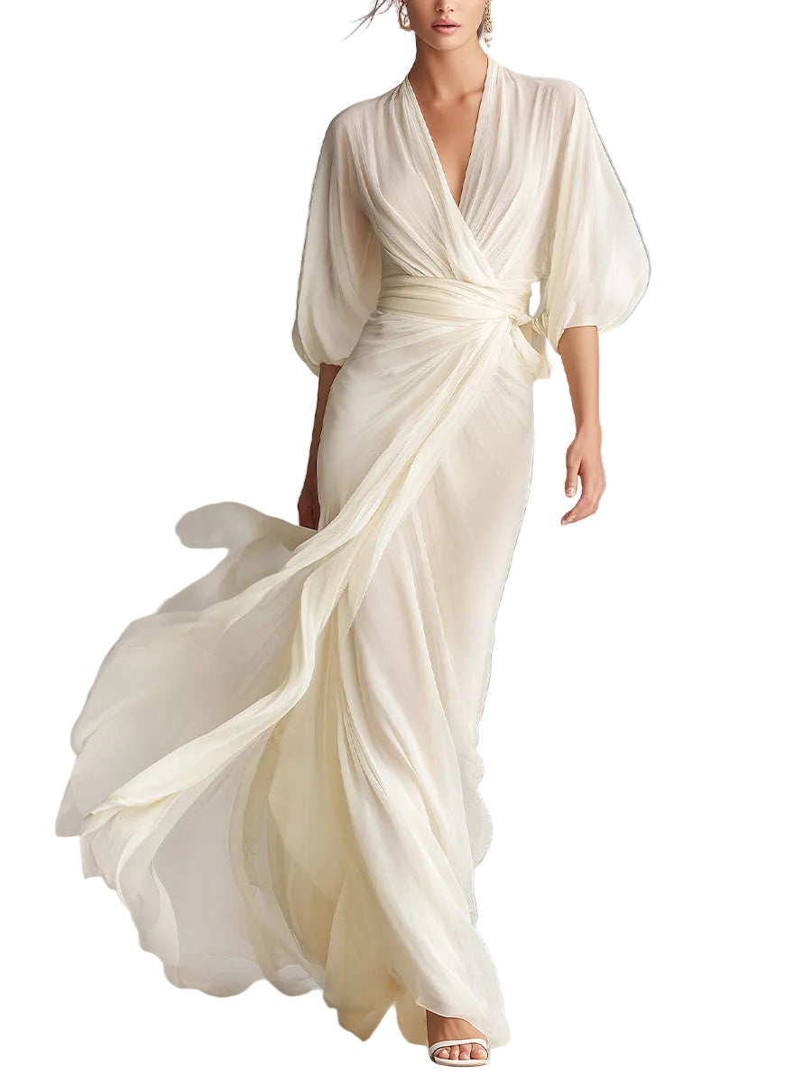 Abito da donna in chiffon avorio trasparente con maniche a sbuffo e dettaglio incrociato, stile romantico-lusso senza tempo