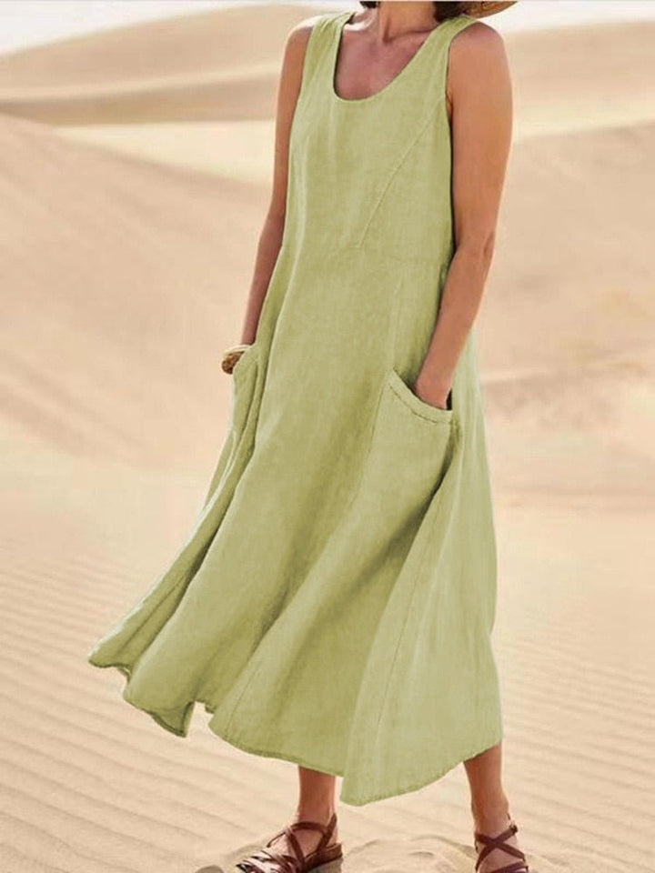 Sage | Vestido maxi casual sin mangas para mujer con escote redondo y bolsillos