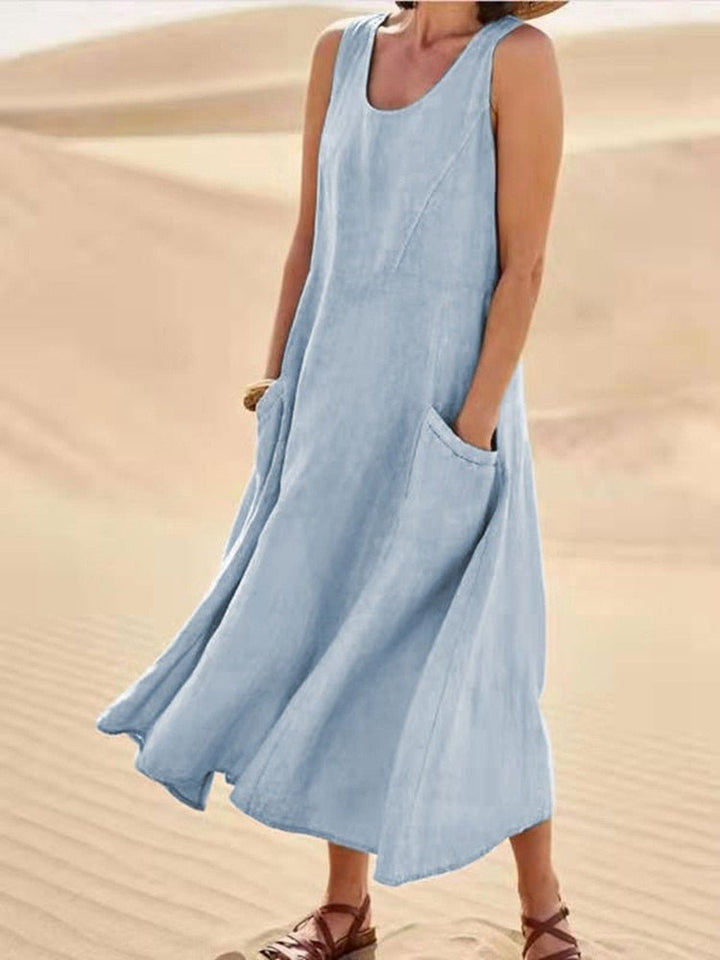 Sage | Vestido maxi casual sin mangas para mujer con escote redondo y bolsillos