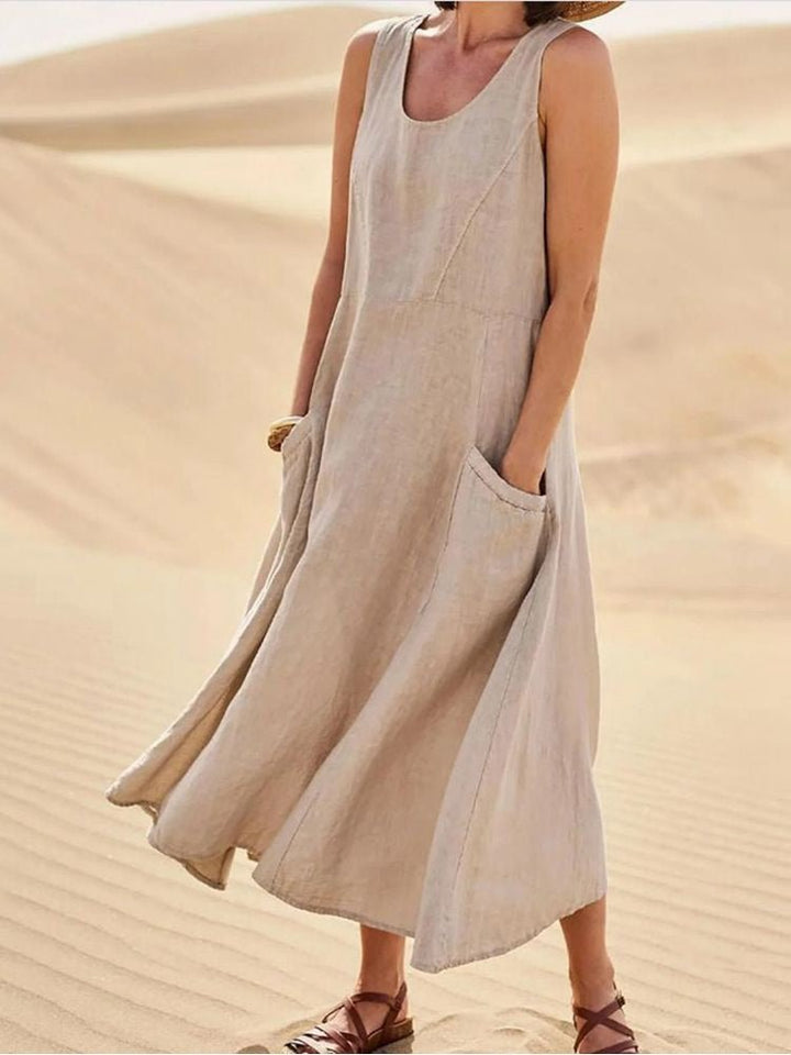 Sage | Vestido maxi casual sin mangas para mujer con escote redondo y bolsillos