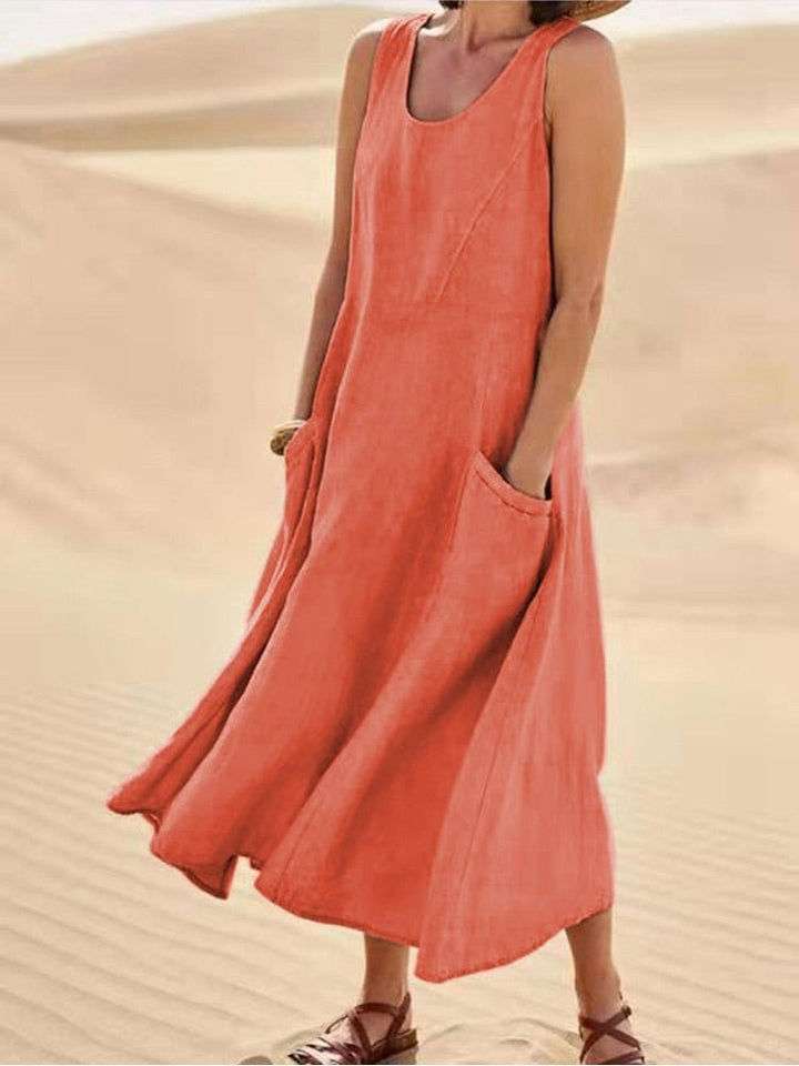 Sage | Vestido maxi casual sin mangas para mujer con escote redondo y bolsillos