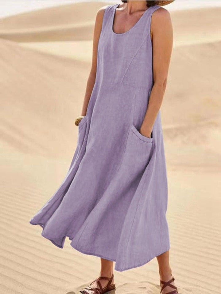 Sage | Vestido maxi casual sin mangas para mujer con escote redondo y bolsillos