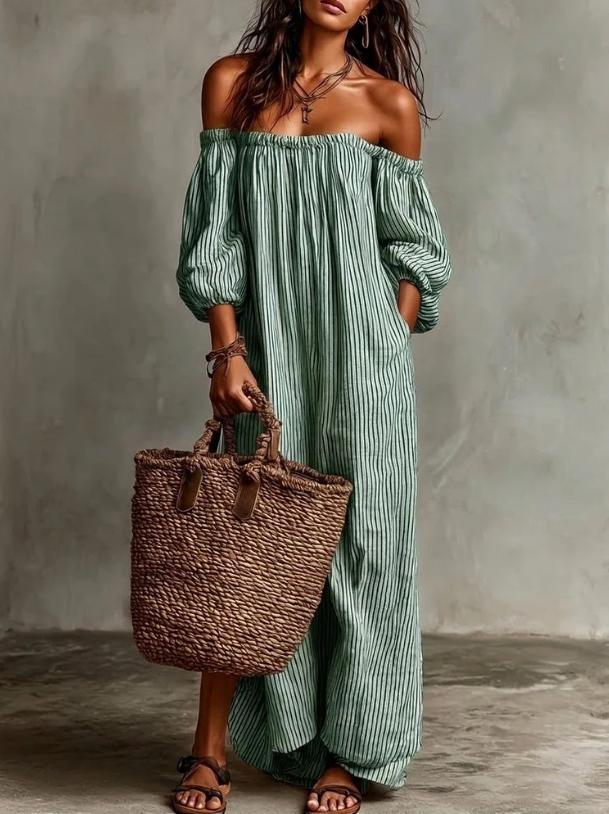 Off Shoulder Maxi Dress - Cotton Linen Summer Vacation Dress