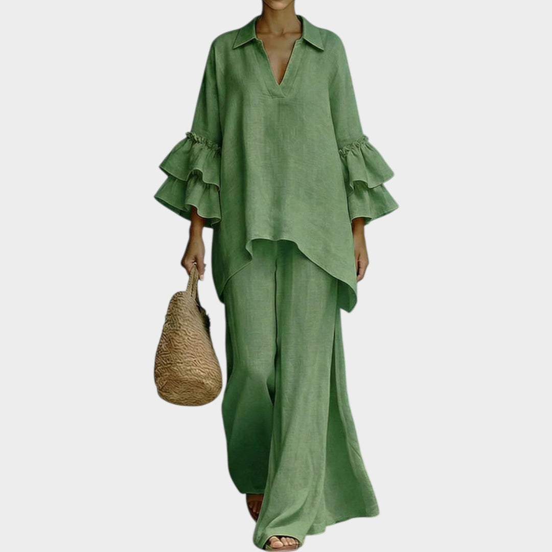 Two Piece Set for Women - Ruffled Sleeve Top and Wide Leg Pants