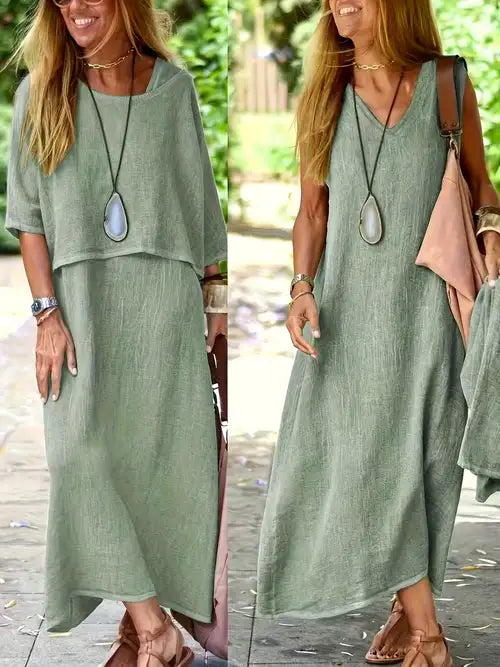 Lea | Conjunto Feminino de Duas Peças Vestido Longo e Blusa de Manga Curta