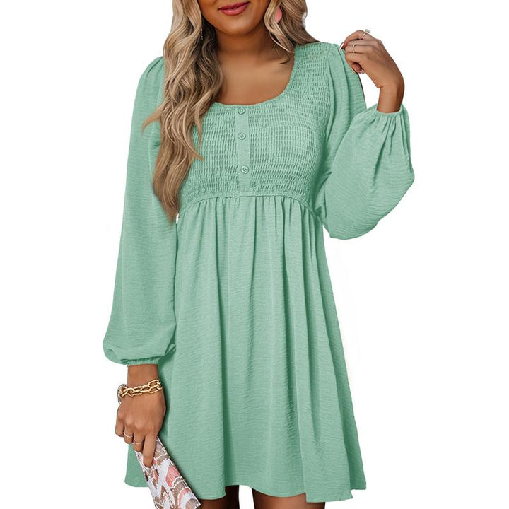 Otoño | Vestido corto de manga larga para mujer con cintura imperio fruncida