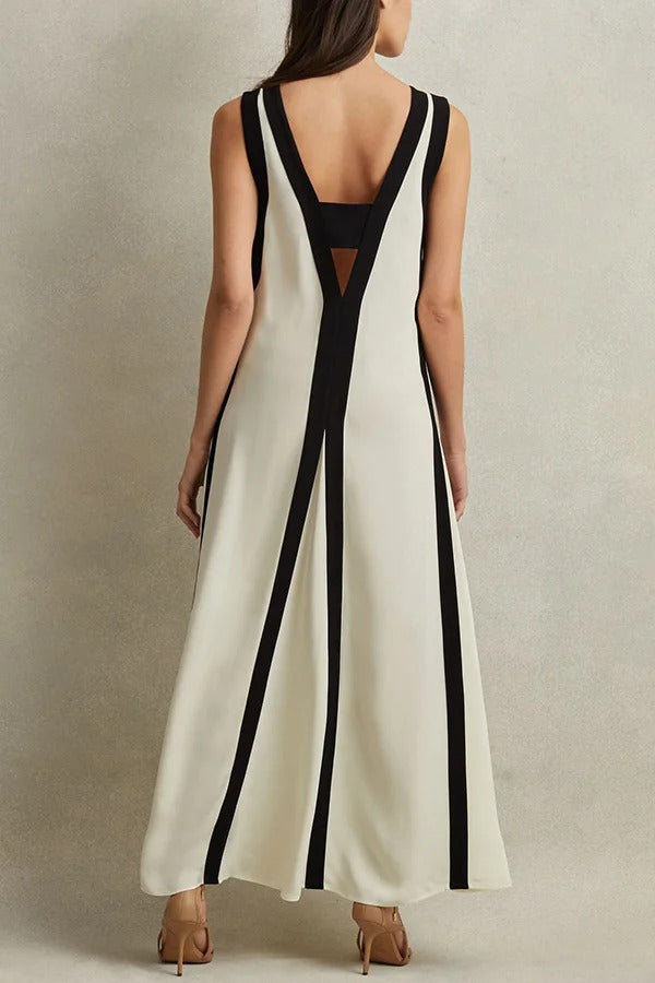 Maxi Dress for Women - Sleeveless Colorblock V-Neck A-Line