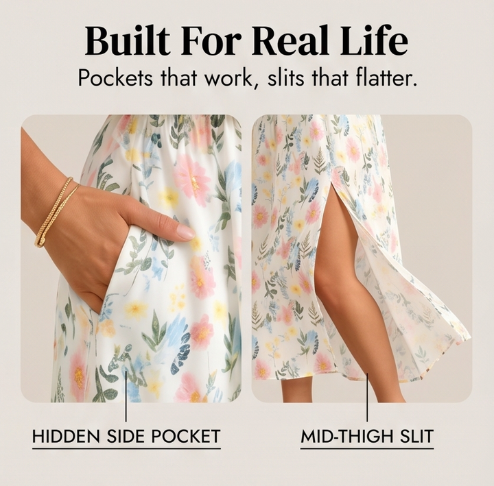 Vestido largo con hombros descubiertos y bolsillos - Estampado floral para mujer