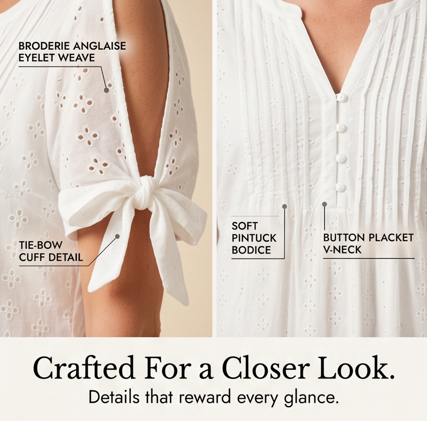 Eyelet Midi Dress With Tie Sleeves - Cold Shoulder Summer Dress