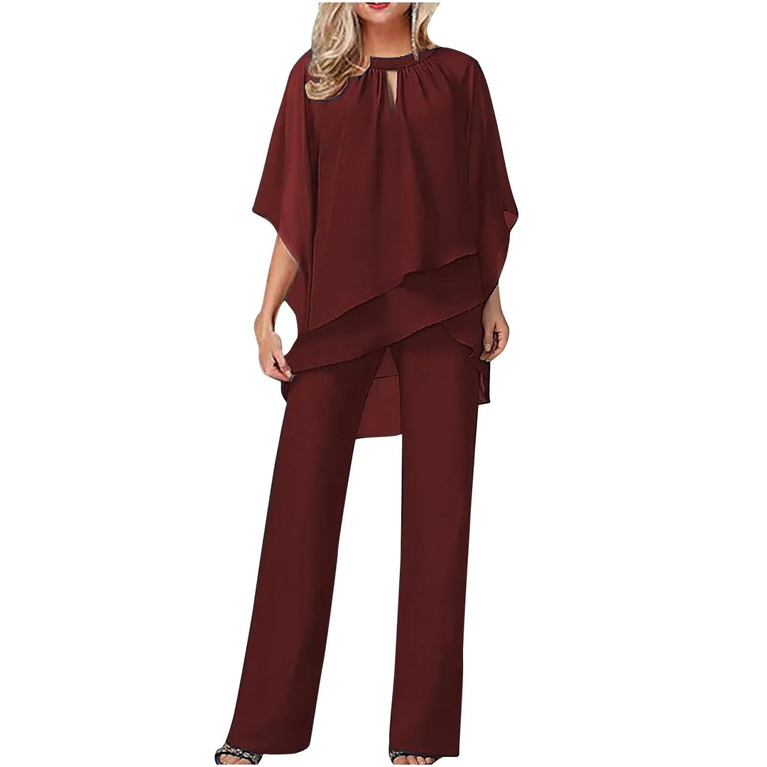 Vivienne | Traje de pantalón ancho para mujer con mangas murciélago y sobreposición de gasa