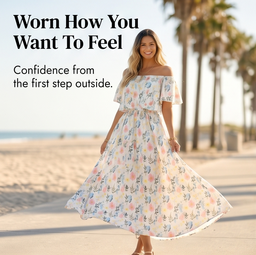 Vestido largo con hombros descubiertos y bolsillos - Estampado floral para mujer