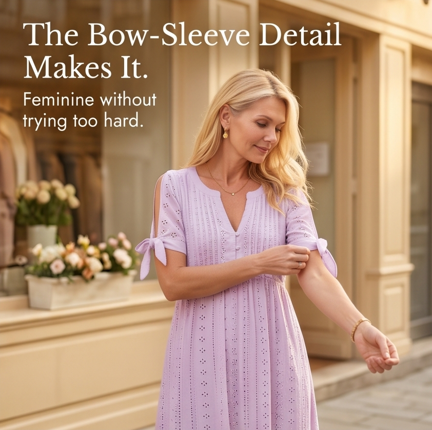 Eyelet Midi Dress With Tie Sleeves - Cold Shoulder Summer Dress