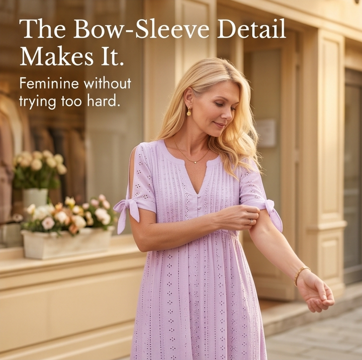 Eyelet Midi Dress With Tie Sleeves - Cold Shoulder Summer Dress