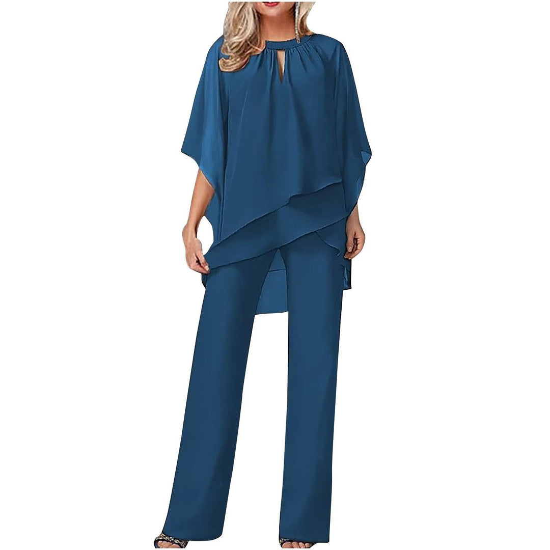 Vivienne | Traje de pantalón ancho para mujer con mangas murciélago y sobreposición de gasa