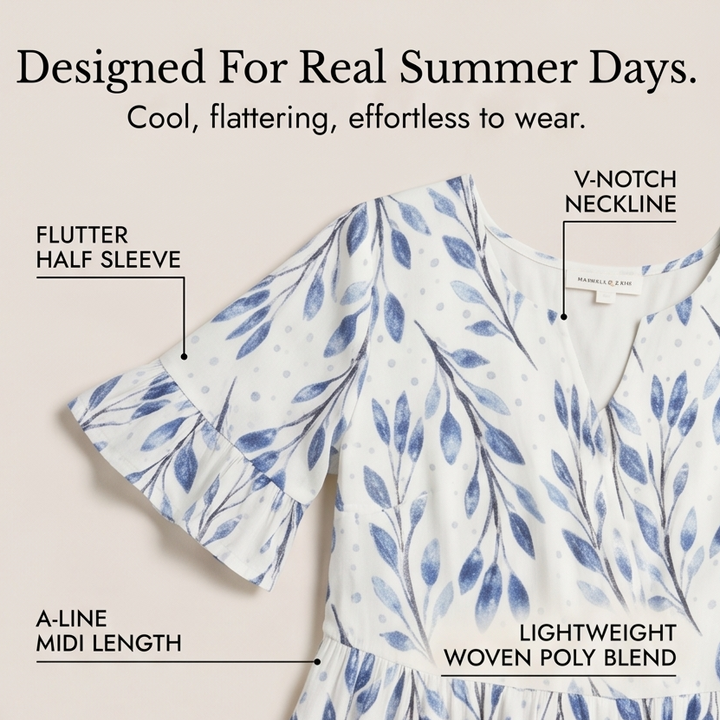 Midi Dress with Flutter Sleeves and Smocked Waist for Women