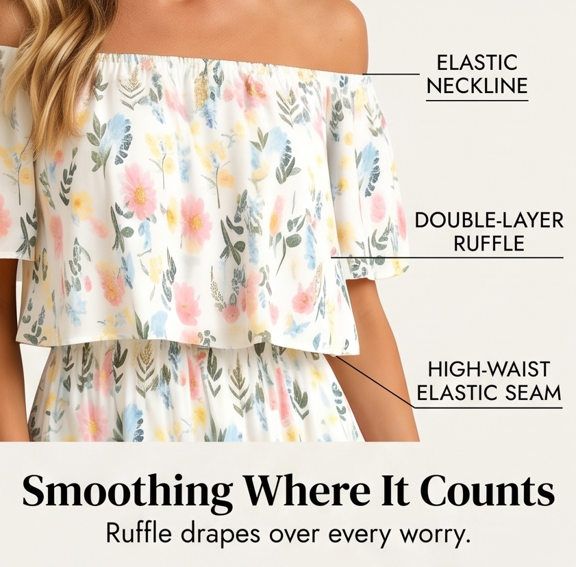 Vestido largo con hombros descubiertos y bolsillos - Estampado floral para mujer