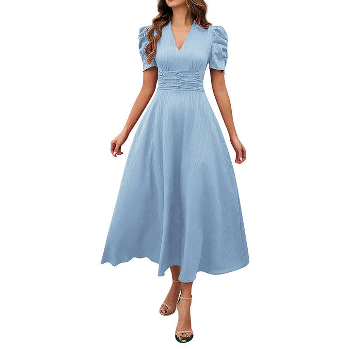 Puff Sleeve Midi Dress with Ruched Waist for Women