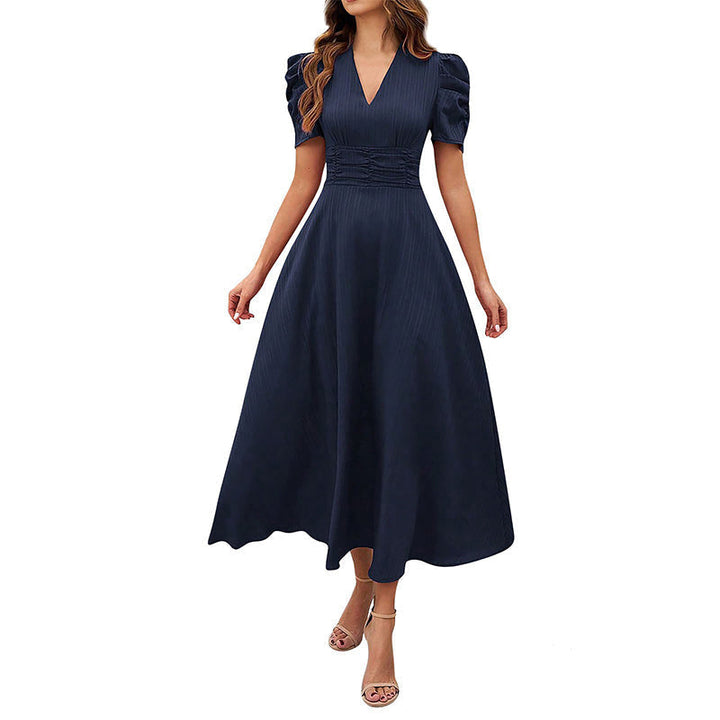 Puff Sleeve Midi Dress with Ruched Waist for Women