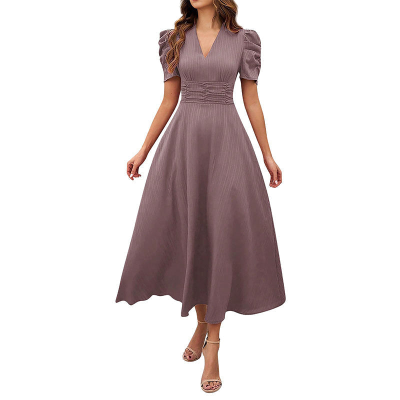 Puff Sleeve Midi Dress with Ruched Waist for Women