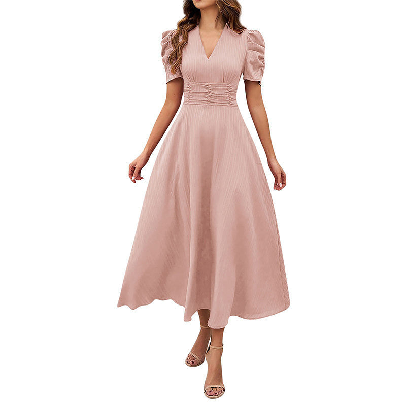 Puff Sleeve Midi Dress with Ruched Waist for Women