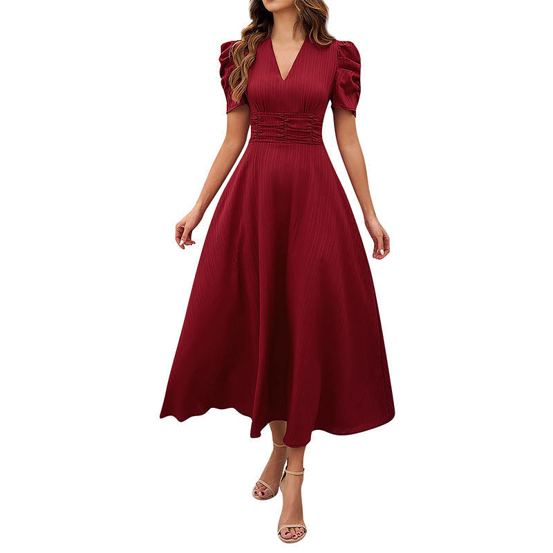 Puff Sleeve Midi Dress with Ruched Waist for Women