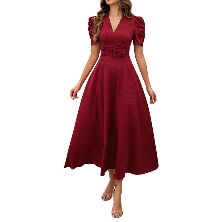 Puff Sleeve Midi Dress with Ruched Waist for Women