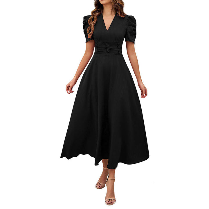 Puff Sleeve Midi Dress with Ruched Waist for Women