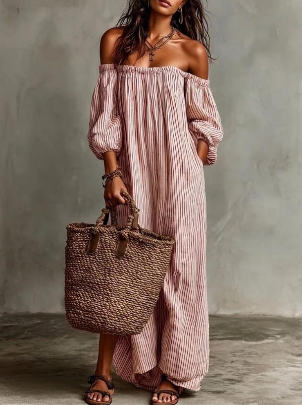 Off Shoulder Maxi Dress - Cotton Linen Summer Vacation Dress