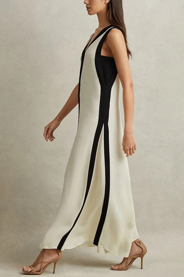 Maxi Dress for Women - Sleeveless Colorblock V-Neck A-Line