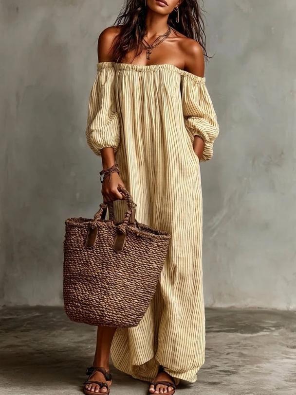Off Shoulder Maxi Dress - Cotton Linen Summer Vacation Dress
