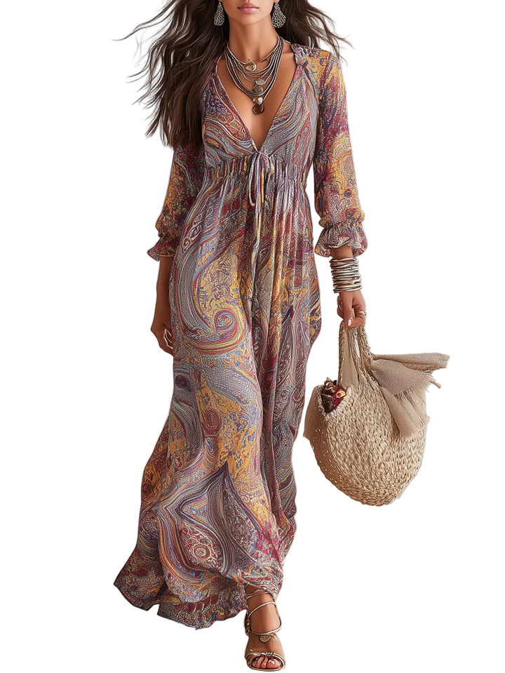 Vestido vintage con estampado de cachemira, escote en V y cinturón de lazo