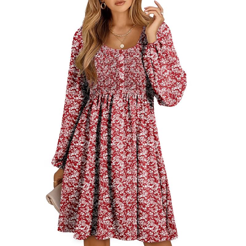 Otoño | Vestido corto de manga larga para mujer con cintura imperio fruncida