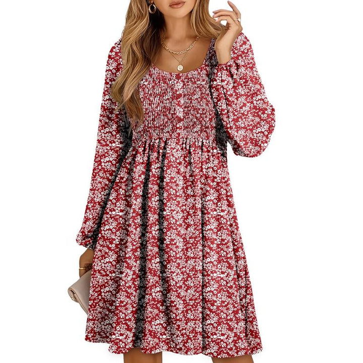 Otoño | Vestido corto de manga larga para mujer con cintura imperio fruncida