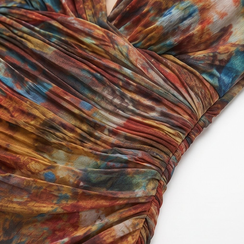 Watercolor Ruched Midi Dress with High-Low Hem