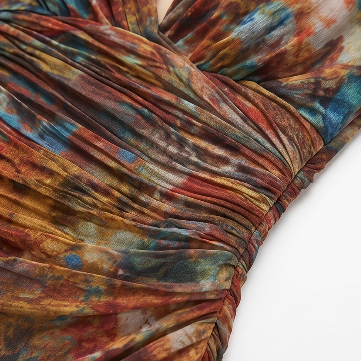 Watercolor Ruched Midi Dress with High-Low Hem