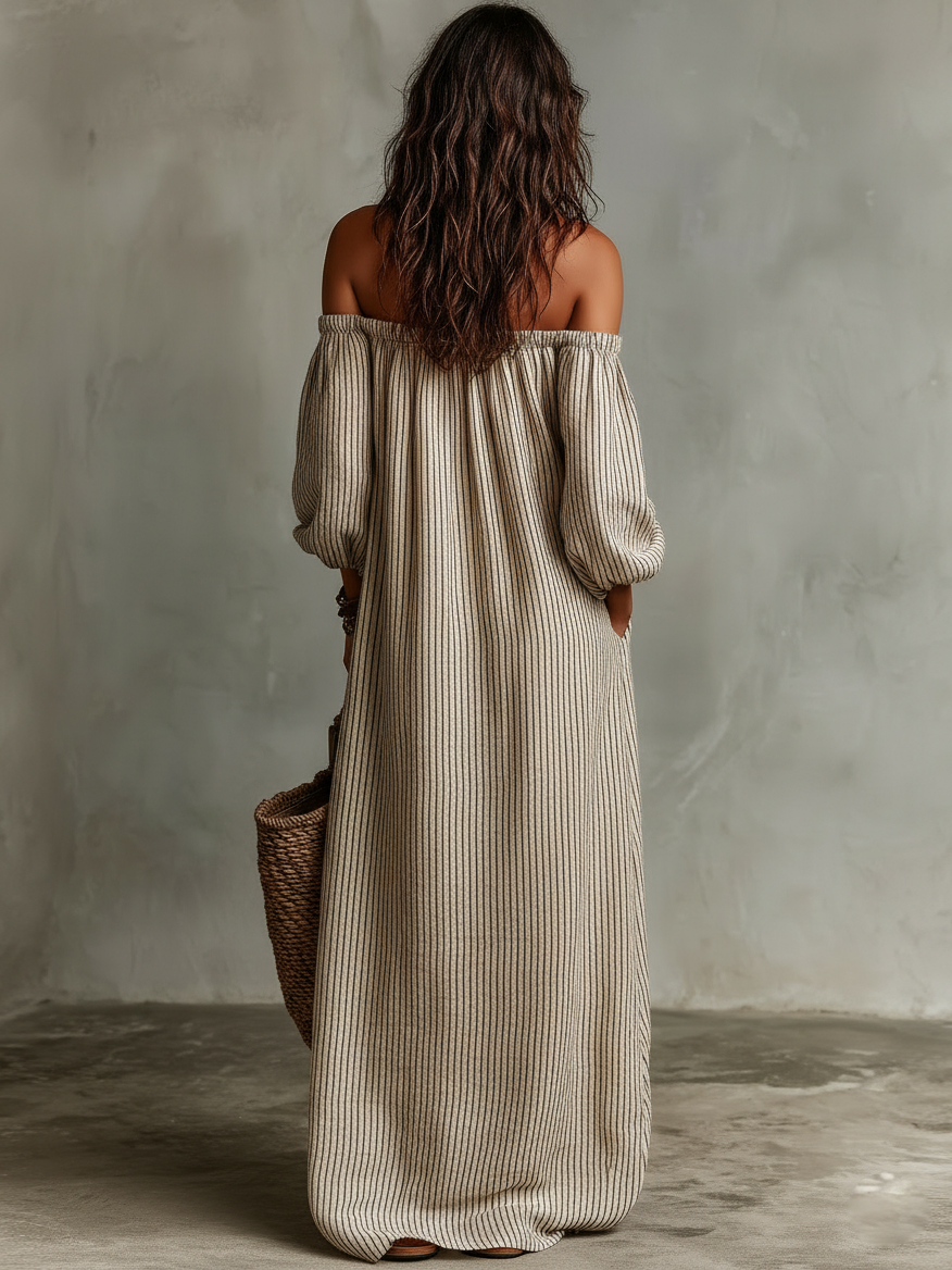 Off Shoulder Maxi Dress - Cotton Linen Summer Vacation Dress