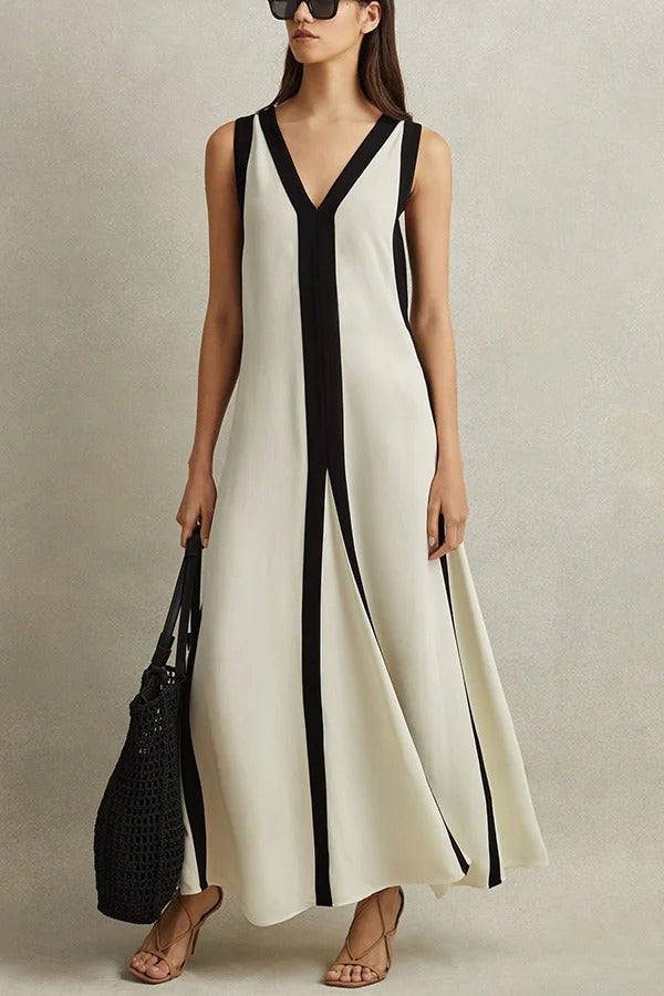 Maxi Dress for Women - Sleeveless Colorblock V-Neck A-Line