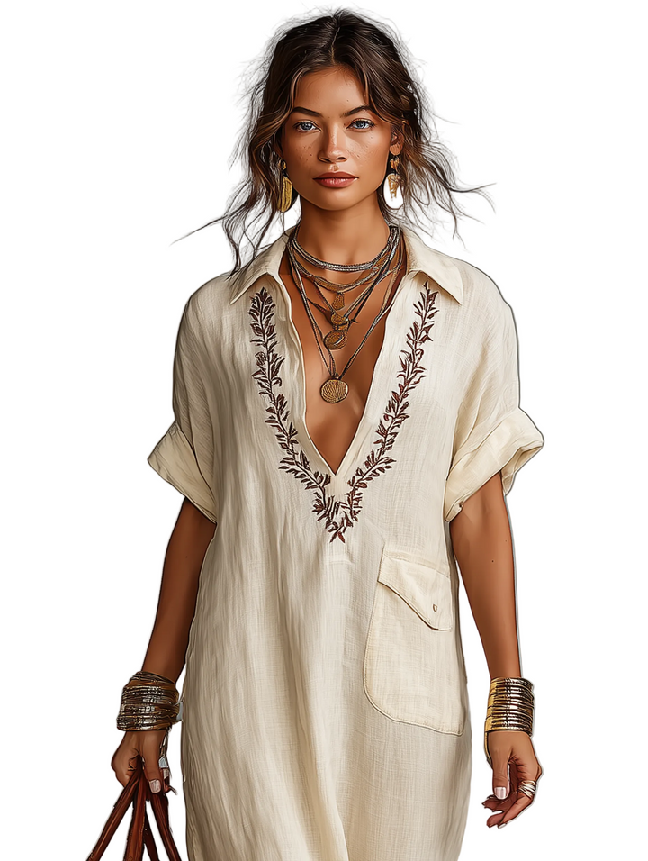 Vestido largo de mujer con camisa de manga corta bordada en mezcla de lino minimalista