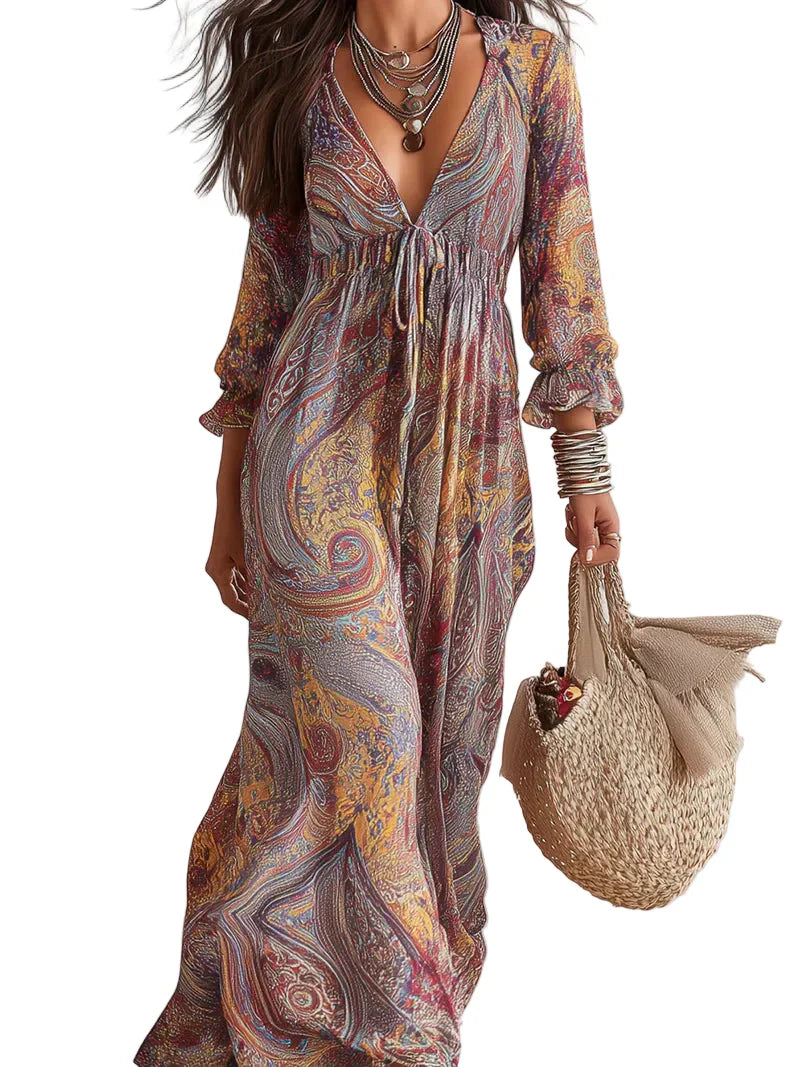 Vestido vintage con estampado de cachemira, escote en V y cinturón de lazo