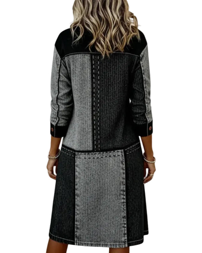 Kleid mit Knopfleiste, V-Ausschnitt, Farbblock, modern