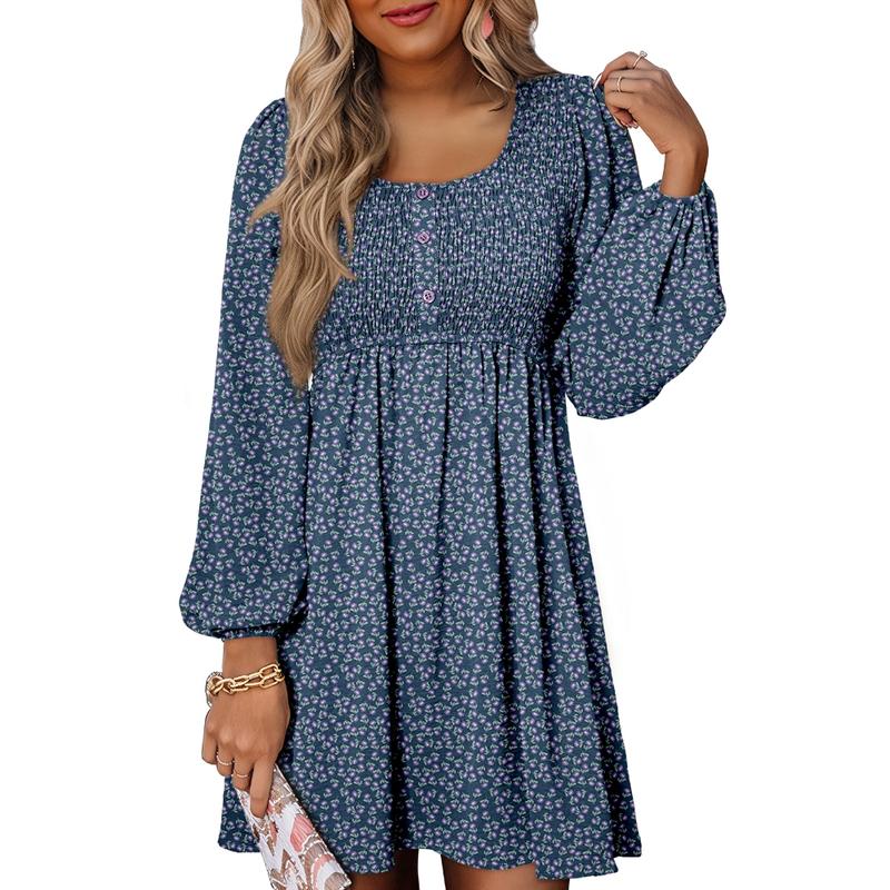 Otoño | Vestido corto de manga larga para mujer con cintura imperio fruncida