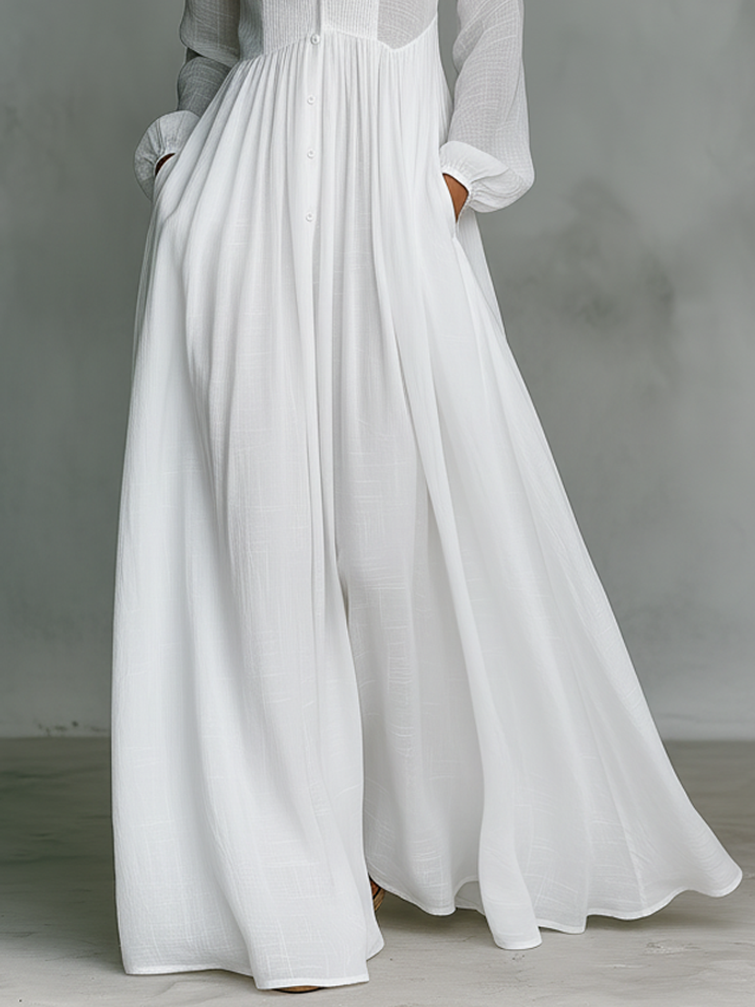 Elisa – Maxikleid im minimalistischen Stil mit Patchwork, hohem Kragen und langen Ärmeln