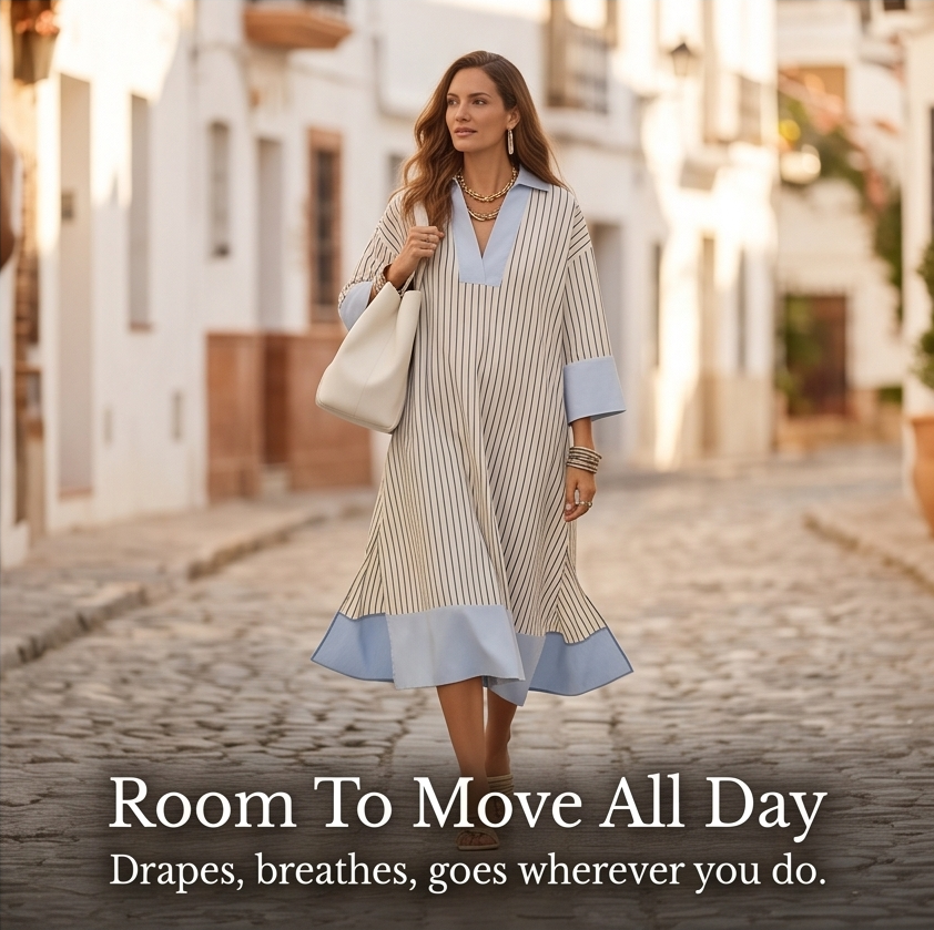 Striped Midi Dress Kaftan with Contrast Cuffs