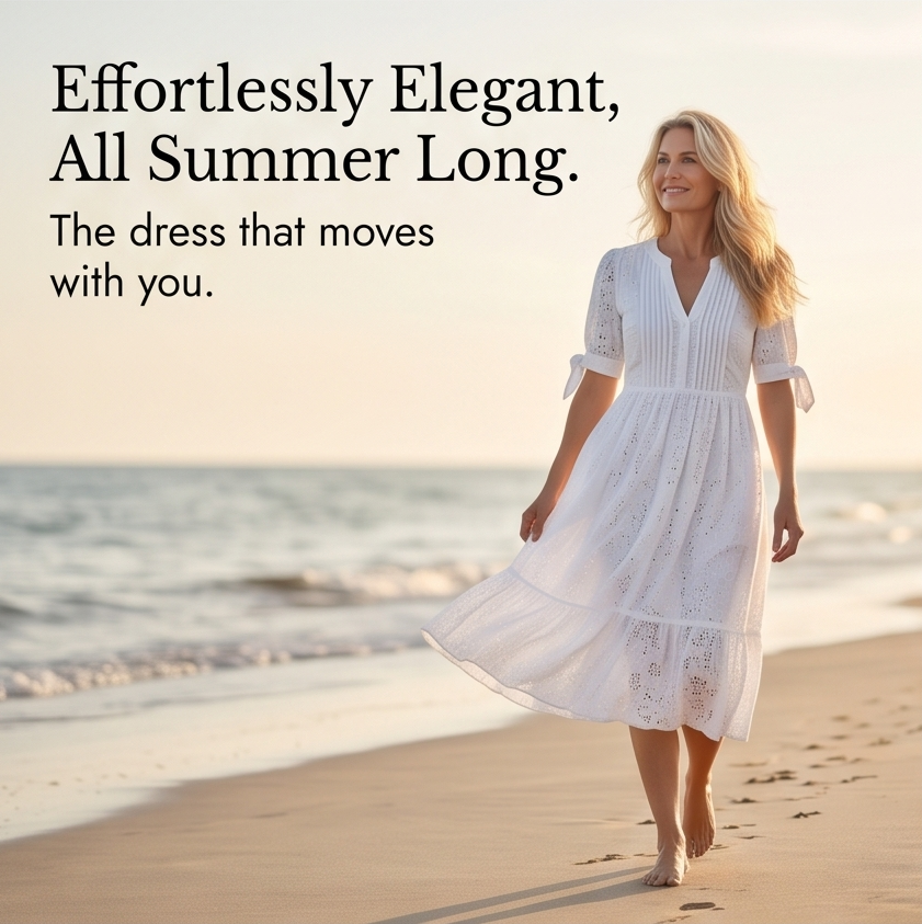 Eyelet Midi Dress With Tie Sleeves - Cold Shoulder Summer Dress